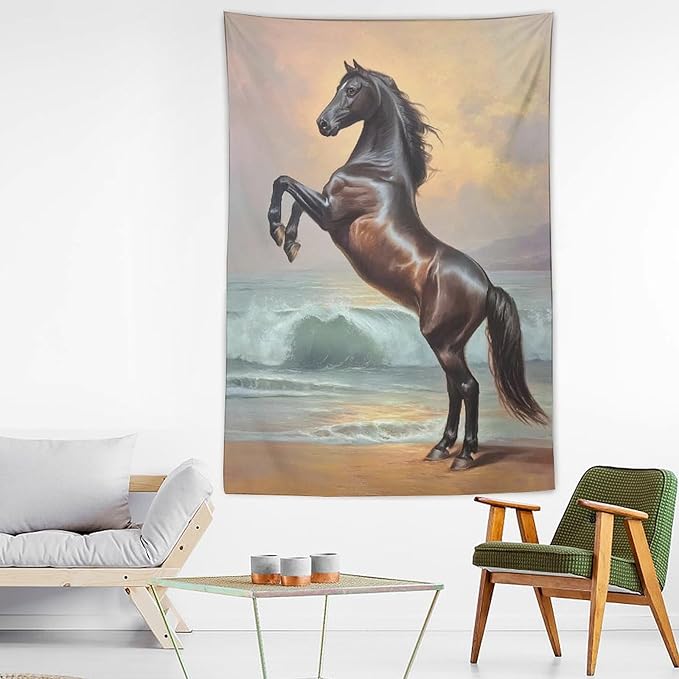 JYOUQOC Horse Animal Stands On The Beach Tapestry Large Wall Art Backdrop Flag Wall Hanging Decor for Living Room Bedroom Dorm Office 60"×90"