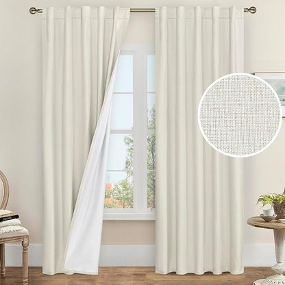 LAMIT Ivory 100% Blackout Linen Curtains 84 Inches Long, Linen Textured Living Room Farmhouse Curtains Full Room Darkening Back Tab and Rod Pocket Panels with White Liner, 2 Panels, 42 x 84 Inch