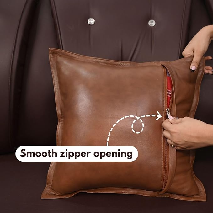 D DOLLY LAMB Lambskin Leather Pillow Cover - Sofa Cushion Case - Decorative Throw Covers for Living Room & Bedroom, 14x14 Inches - Dark Antique Brown Box