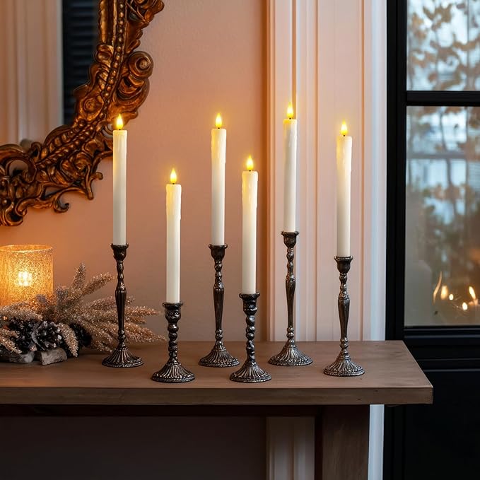 Homemory Real Wax Flameless Taper Candles with Remote Timer, 9.6 Inches White LED Flameless Candlesticks, Dripless Battery Operated Window Candles Flickering Pack of 2 for Fireplace Xmas Halloween