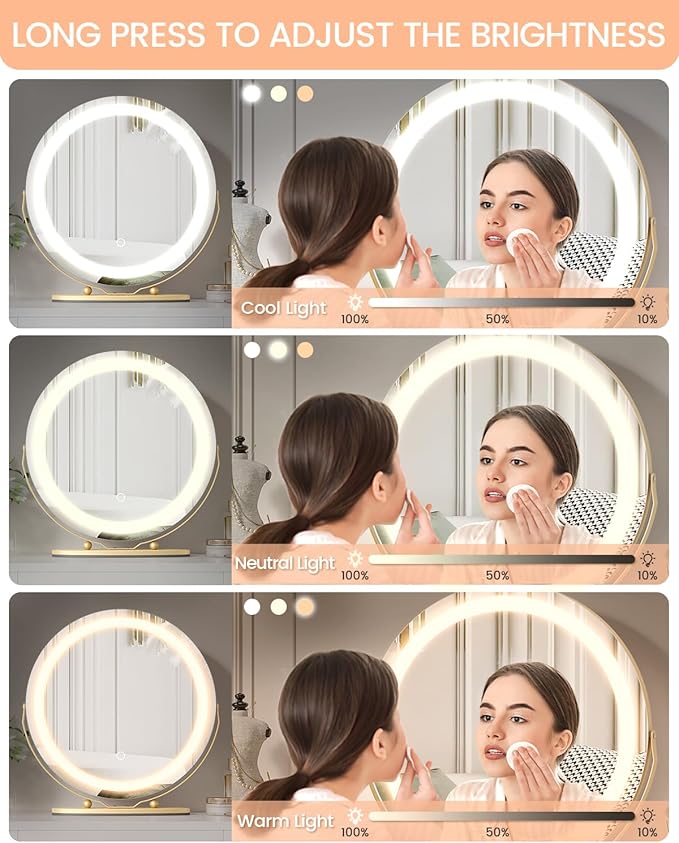 Vanity Mirror with Led Lights, 19 Inches Touch Control 3 Color 2024 New Dimmable Makeup Mirror, 360°Rotation Round Desk Mirror, Easy to Assemble (Gold)