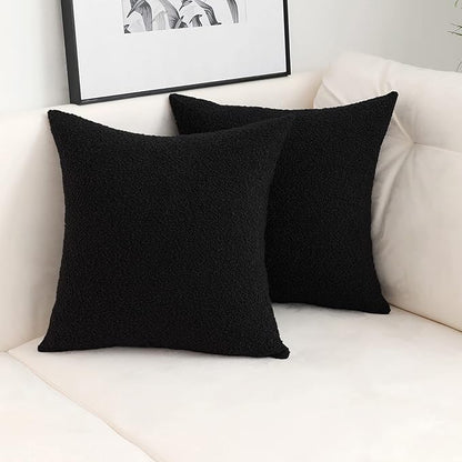 Jeneoo Black Decorative Square Thick Throw Pillow Covers Boucle Couch Cushion Cases for Livingroom Sofa Decor, Set of 2, 18 x 18 Inch