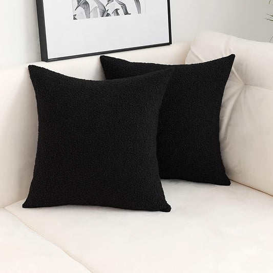 Jeneoo Black Decorative Square Thick Throw Pillow Covers Boucle Couch Cushion Cases for Livingroom Sofa Decor, Set of 2, 18 x 18 Inch