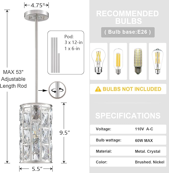 2 Pack 1 Light Hanging Kitchen Island 5.5" Crystal Modern Pendant Light Fixture,Brushed Nickel Finish with Crystal Shade for Bar,Dining Room,Corridor,Living Room Over Sink