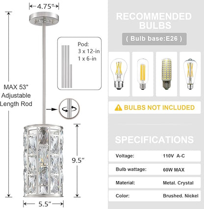 2 Pack 1 Light Hanging Kitchen Island 5.5" Crystal Modern Pendant Light Fixture,Brushed Nickel Finish with Crystal Shade for Bar,Dining Room,Corridor,Living Room Over Sink