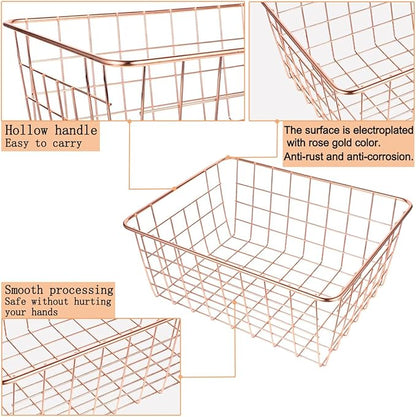 4 Pack Wire Baskets for Pantry Metal Wire Freezer Organizer Bins with Handles, Metal Basket Rose Gold Wire Baskets for Storage Organizing Office, Kitchen Cabinets, Bathroom, Countertop