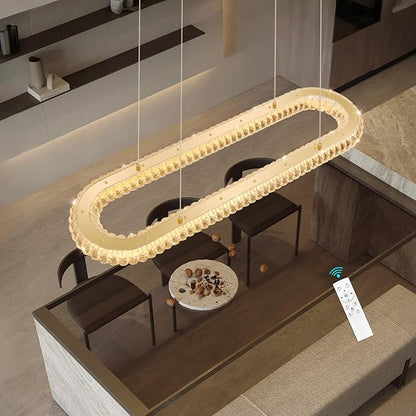 LED Ring Chandelier Oval Rings Pendant Lights for Dining Table Kitchen Island Remote Dimmable Hanging Light Chandeliers for Entryway Living Room Crystal Lighting Gold