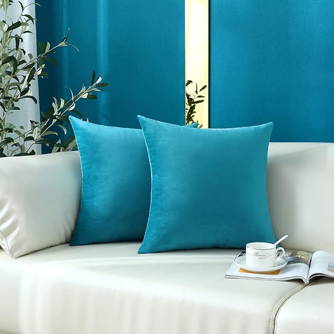 mixeoo Comfy Dark Turquoise Decorative Throw Pillow Covers Square Velvet Super Soft Cushion Cases Home Decor for Living Room, Set of 2, 16 x 16 Inch