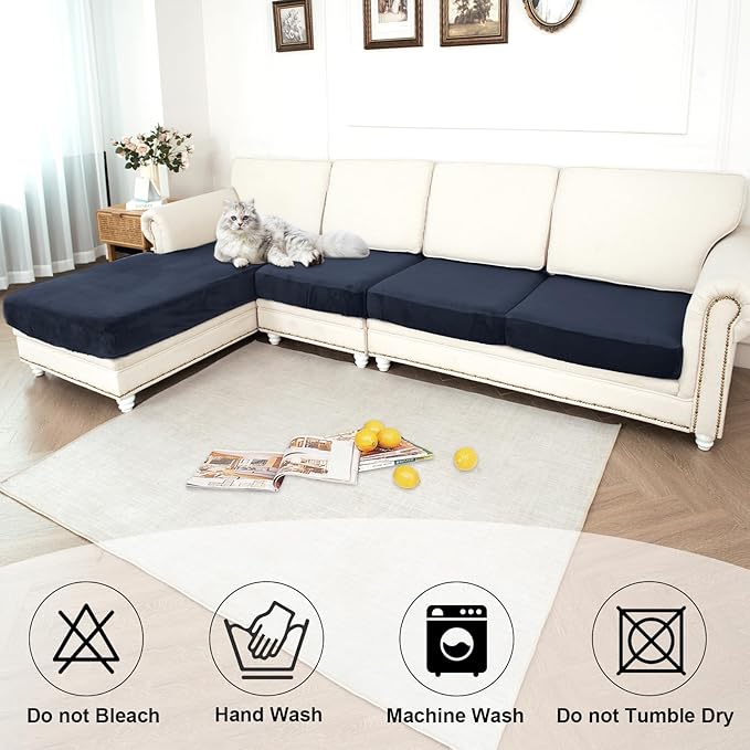 NAISI Waterproof Couch Cushion Covers Thick Velvet Fabric Washable Sofa Slipcovers Sectional Couch Covers for 4 Pieces Separate L Shape Couch Cover with Elastic Bottom(3 Seater + 1 Chaise,Navy)