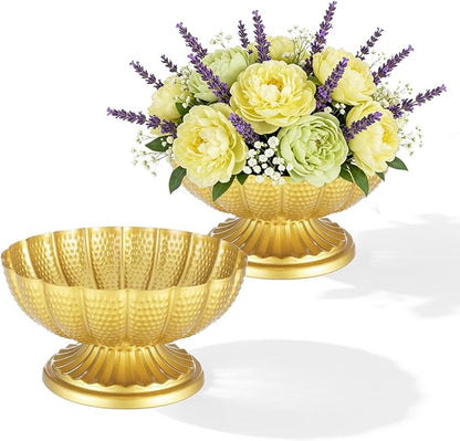 Gold Flower Vases for Centerpieces, Gold Flower Vase for Wedding Centerpieces 2 Packs Golds Metal Urn Vase for Flowers 7'' Wide 3.94'' High Distressed Golds Compote Pedestal Vases for Celebration
