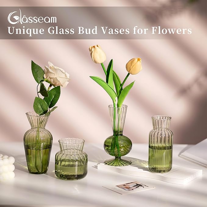 Glasseam Glass Bud Vase for Flowers: Green Small Vases for Centerpieces Modern Handmade Mini Vase for Wedding Party Table Home Decor Unique Decorative Ribbed Flower Vase Set of 8