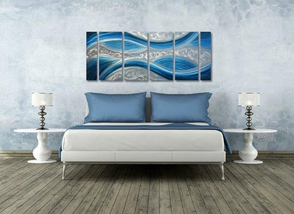 Handmade Abstract Metal Wall Art with Soft Color, Large Scale Decor in Blue Line Design Metal Art, 3D Artwork for Indoor Outdoor Wall Decorations, Decorative hanging in 6-Panels Measures 24"x 65"