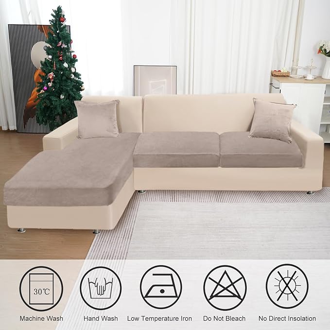 Sectional Couch Covers for 3-Piece Seat Cushion Velvet Separate L Shape Couch Cover Stretch Sofa Slipcover with 2 Pieces Pillowcases Furniture Protector (Sofa 2 Seater + 1 Chaise, Tan)