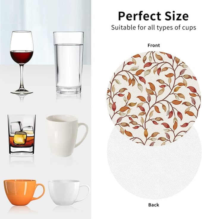 Fall Leaves Coaster Set of 4 Autumn Cup Coasters for Drinks Thanksgiving Harvest Waterproof Wipeable PVC Round Coasters Mat for Coffee Beer Wine Outdoor Patio Table Bar Desk Seasonal Desk Decor