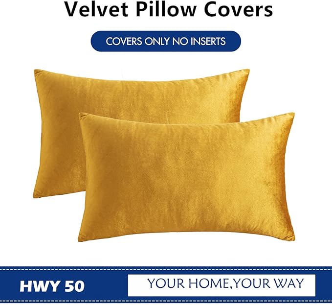 HWY 50 Dark Gold Velvet Rectangular Throw Pillow Covers 12x20 Inch, Pack of 2 Soft Cozy Solid Decorative Luxury Cushion Cases for Couch Sofa Bed Living Room Bedroom
