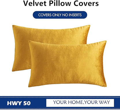 HWY 50 Dark Gold Velvet Rectangular Throw Pillow Covers 12x20 Inch, Pack of 2 Soft Cozy Solid Decorative Luxury Cushion Cases for Couch Sofa Bed Living Room Bedroom