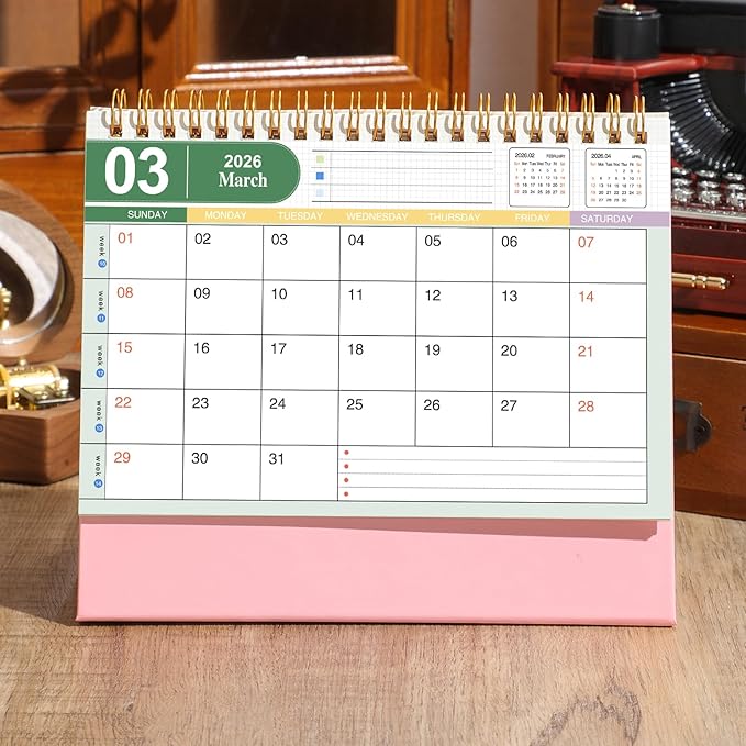 Small Desk Calendar 2025-2026, Standing Flip Desk Calendar Use Now to Dec 2026, with To-do List & Notes, Metal Ring Twin-Wire Binding with Stickers, Monthly Desktop Calendar for Home Office (Pink)