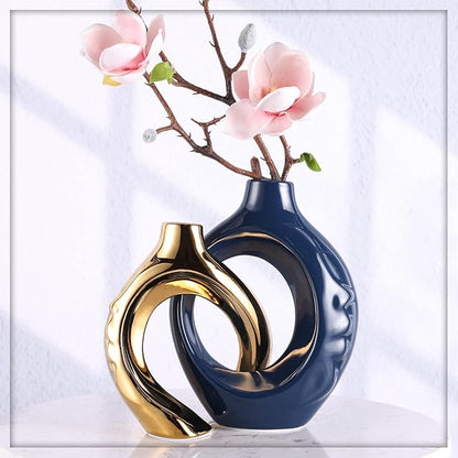 Navy Blue Home Decor Ceramic Vase, Navy Blue Gold Round Vase with Holes Set of 2, Suitable for Wedding Entrance Decoration, Bookshelf, Mantel, Unique Home Decor (Blue Gold)