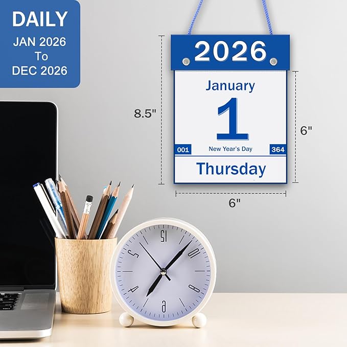2026 Daily Wall Calendar, Page per Day with Large Print Dates, 365 Day Tear off Wall Calendar for Seniors Gift Home Office School Dorms, 8.5" x 6", Tear Away Calendars with Hanging String, Blue
