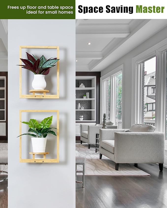 yadoker Wall Planters for Indoor Plants,Bamboo Hanging Plant Holders, Wall Decor Plant Stand, 2-Pack Window Plant Shelves for Living Room & Entryway