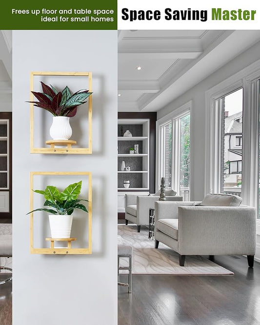 yadoker Wall Planters for Indoor Plants,Bamboo Hanging Plant Holders, Wall Decor Plant Stand, 2-Pack Window Plant Shelves for Living Room & Entryway