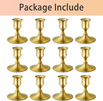 Vintage Brass Gold Taper Candle Holders, Set of 12, Metal Taper Candlestick Holder for Dinner Room Table Centerpiece, Wedding Reception, Festive,Mantel Decoration, Home Decor (Brass Gold, Set of 12)