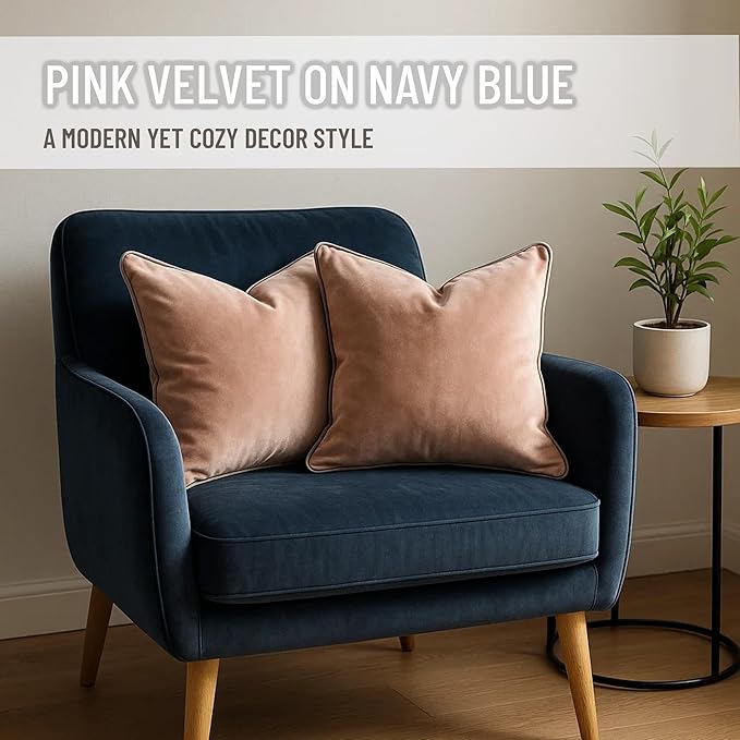 2 Pack Velvet Decorative Throw Pillow Covers, 20"x20", Pink and Grey, Solid, Modern, Contrast Piping, Indoor Use, Bedroom & Living Room