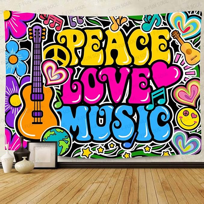 F-FUN SOUL Peace Love Tapestry Groovy Tapestry, 90x84inches, 70s Music Tapestries Psychedelic Art Tapestries Wall Hanging for Bedroom Living Room Decor Banner