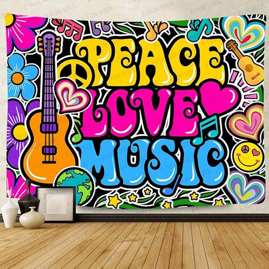 F-FUN SOUL Peace Love Tapestry Groovy Tapestry, 90x84inches, 70s Music Tapestries Psychedelic Art Tapestries Wall Hanging for Bedroom Living Room Decor Banner