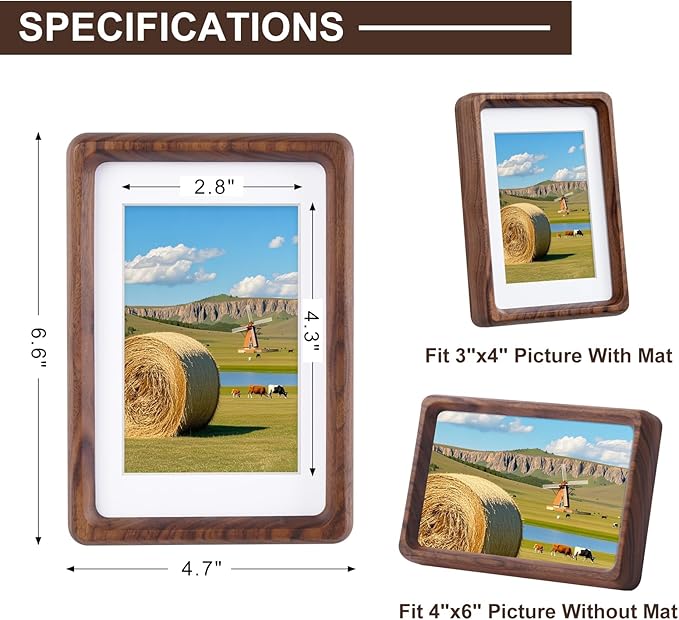 TEYCLZORE 4x6 Natural Walnut Picture Frame, Handmade Photo Frame, Display 3x4 Picture with Mat or 4x6 Without Mat, Tabletop Display and Wall Hanging