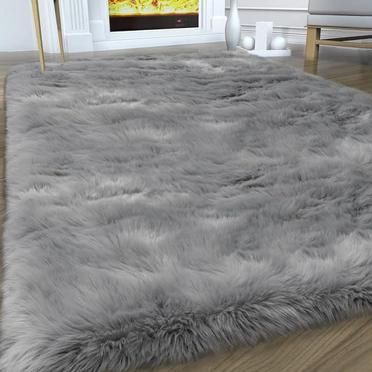 Faux Fur Area Rug, Grey Fluffy Rugs for Bedroom Living Room, 4'x6' Soft Shaggy Fuzzy Rug for Nursery, Indoor Plush Gray Floor Carpets for Kids Girls Boys Teen Dorm, Cute Home Decor, Rectangle