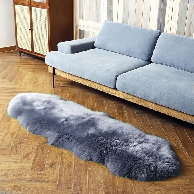LLB Genuine Sheepskin Area Rug Wool Rug Fur Carpet Fluffy Shaggy Fur Rug for Living Room Kids Bedroom Real Sheepskin Throw Lambskin Rugs Sofa Mat Chair Seat Covers (Carbon Gray, 2 x 6 ft Sheepskin)