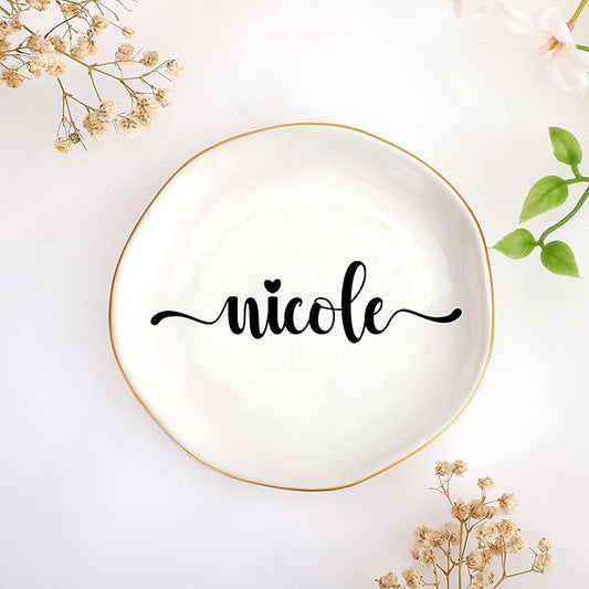 JoycuFF Nicole Personalized Name Ceramic Jewelry Tray, Mothers Day Christmas Anniversary Engagement Birthday Gifts for Women Couples, Trinket Dish for Rings Earrings Necklaces Bracelets Keys