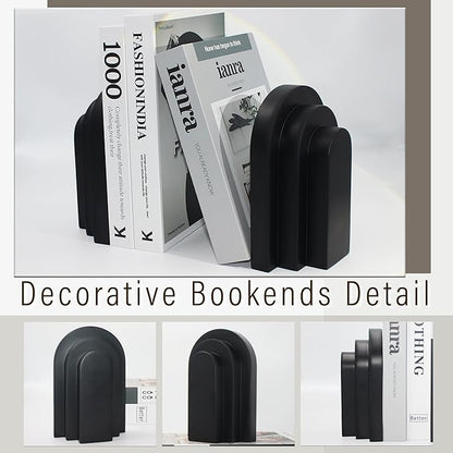 Heavy Duty Book Ends for Shelves, Decorative Bookends for Heavy Books Set of 2, 6.6 LBS Modern Book Stopper for Home Decor, Bookshelf, Aesthetic Bookend with Layered Arch Design, Black