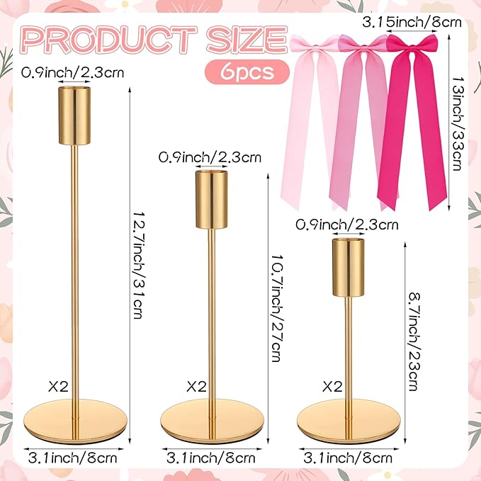 6 Set Pink Party Decorations, 6 Candle Holders and 6 Ribbon Bow, Metal Brass Gold Candlestick Holders for Table Wedding Bachelorette Birthday Party Supplies