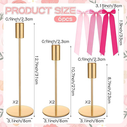 6 Set Pink Party Decorations, 6 Candle Holders and 6 Ribbon Bow, Metal Brass Gold Candlestick Holders for Table Wedding Bachelorette Birthday Party Supplies
