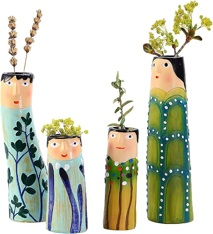 Spring Bud Vases, Bohemian Family Face Vase Boho Cute Home Decor, Character Vase Flower Plant Holder Bathroom Shelf Decor for House Decor Living Room Wedding Centerpieces (F)