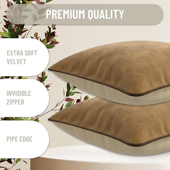 Set of 2 Decorative Throw Pillow Covers Cushion Cases. Soft Velvet. Contrast Pipping Edge. Filling Not Included. (12x20in, Camel/Beige)