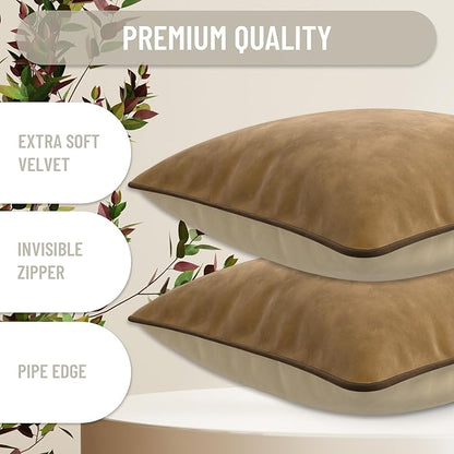 Set of 2 Decorative Throw Pillow Covers Cushion Cases. Soft Velvet. Contrast Pipping Edge. Filling Not Included. (12x20in, Camel/Beige)