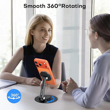 OMOTON 360° Rotating MS05 Magnetic Phone Stand for MagSafe, [Height Adjustable] Cell Phone Stand for Desk with Non-Slip Base, Office Desk Accessories for iPhone 17/16/15/14 Pro Max Air, Black