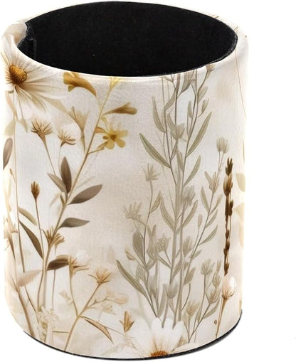Round Pen Holder for Desk, Leather Pen Pencil Cup, Decorative Desk Stationery Supplies Organizer for Home Office Classroom, Wildflowers Beige White Vintage Pattern