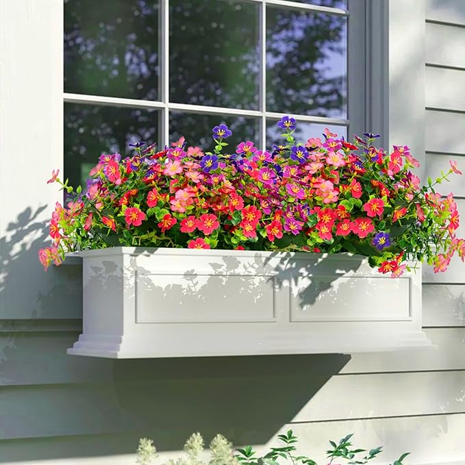 Artificial Faux Plants Flowers Outdoor Decoration,16 Bundles Fake Silk Colorful Daisy Eucalyptus Realistic UV Resistant for Outside Home Planter Porch Patio Yard Decor (red, white, pink,purple, green)