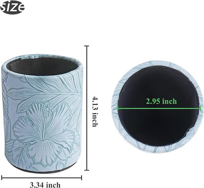 PU Leather Pen Holder Round Flash Makeup Brush Holder Desktop Pencil Storage Holder Gift for Desk Office Classroom Home(1-Carved Blue)
