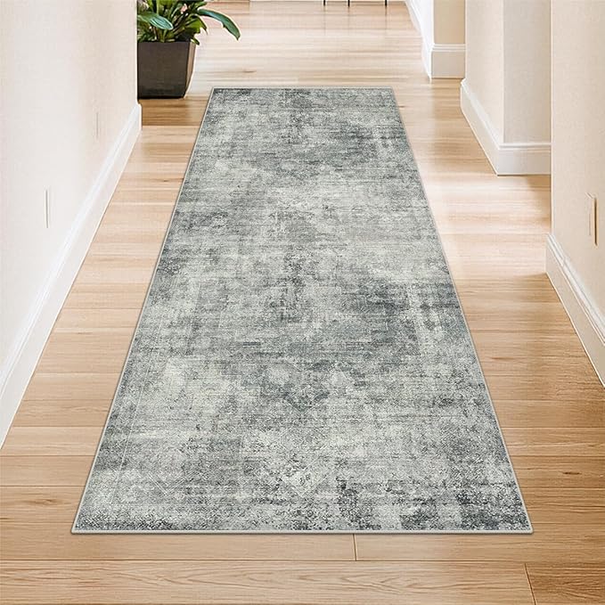 2x6 Hallway Runner Rugs Non Slip, Washable Dark Blue and Gray Rug for Kitchen, Bathroom, Entryway, Non Skid with Rubber Backing, Low Pile Soft Vintage Home Décor