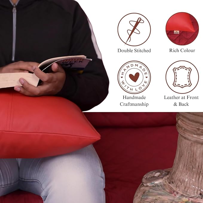 Lambskin Leather Pillow Cover, Hand Panel Stitched Leather Decorative Throw Pillow Covers for Couch Sofa Bed Living Room Garden (18x18 Inches, Cherry Red Pack of 2)