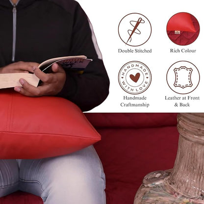 Lambskin Leather Pillow Cover, Hand Panel Stitched Leather Decorative Throw Pillow Covers for Couch Sofa Bed Living Room Garden (16x16 Inches, Cherry Red Pack of 1)