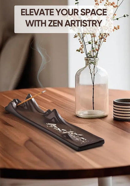 Ceramic Incense Stick Holder - 9.2" Long Mountain Range Incense Burner, Modern Zen Ash Catcher for Home Decor, Meditation & Yoga, Porcelain Fragrance Accessory for Office, Living Room & Spa (Brown)