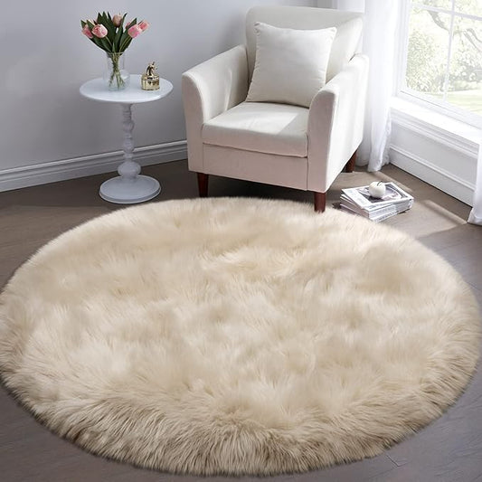 Fluffy Round Rug for Kids Room Beige Circle Faux Fur Area Rug for Bedroom, 4x4 Fuzzy Shag Rugs Furry Nursery Rug Teepee Mat, Circular Plush Floor Carpet