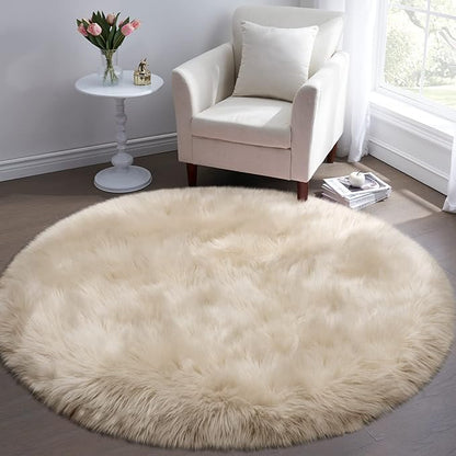 Tangsoo Round Faux Fur Rugs, Sheepskin Round Rugs 3ft, Soft Small Circle Rug, 3x3 Beige Fuzzy Plush Fur Rug, Shag Circular Rugs Floor Carpet for Bedroom, Kids Room, Nursery, Girls Room, Dorm
