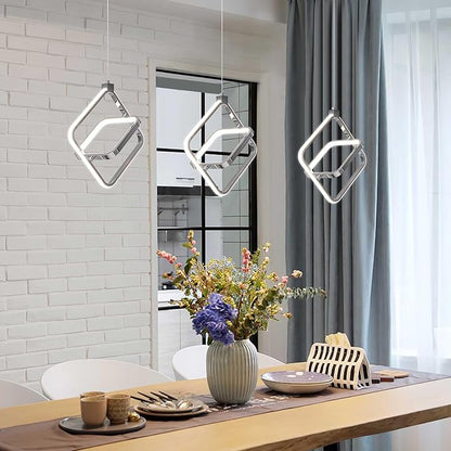 Modern LED Chandelier Chrome Rectangular Pendant Light Fixtures 4000K 20W Dimmable Height Adjustable Pendant Lighting for Dining Room Kitchen Island Bedroom Living Room Foyer（2-Pack）